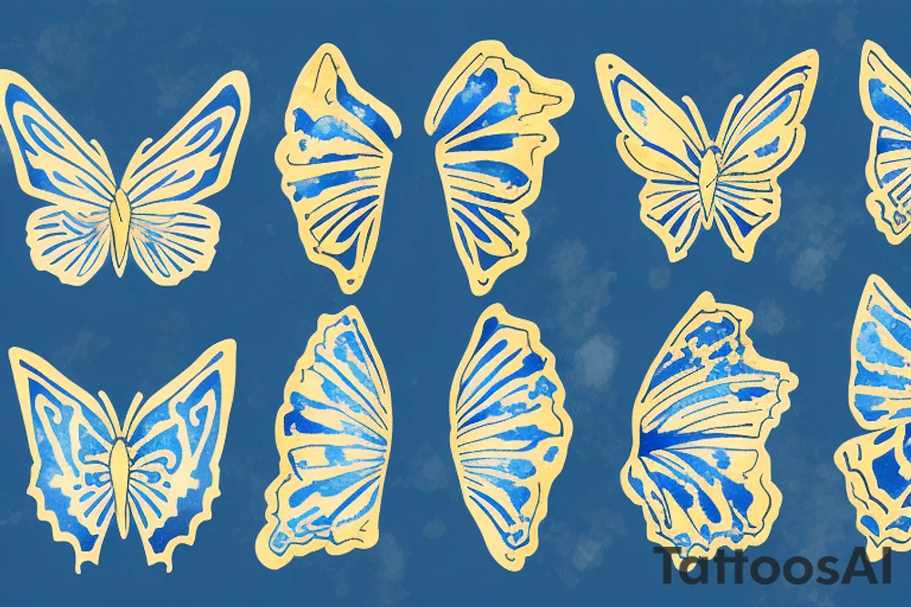 a blue and white kintsugi butterfly gold tattoo idea