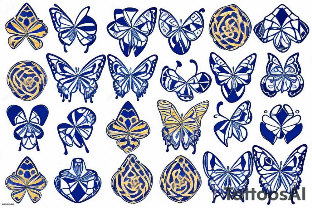 a blue and white kintsugi butterfly gold tattoo idea