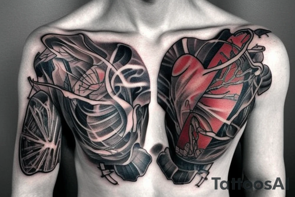 Anatomical chest tattoo with bones, heart, and muscles tattoo idea