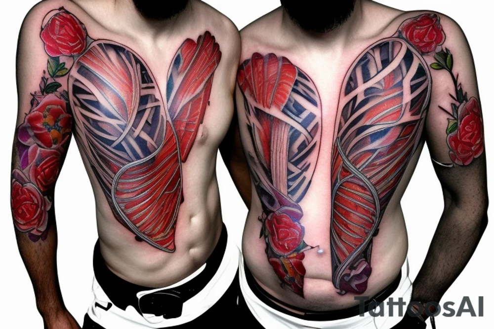 Anatomical chest tattoo with bones, heart, and muscles tattoo idea