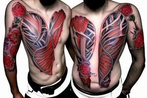 Anatomical chest tattoo with bones, heart, and muscles tattoo idea
