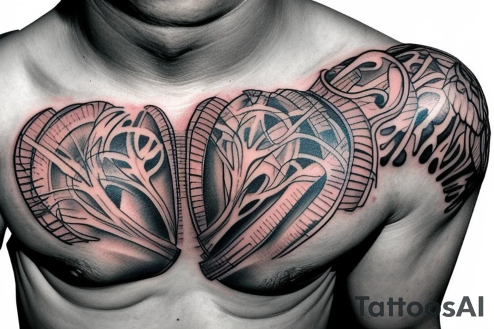 Anatomical chest tattoo with bones, heart, and muscles tattoo idea