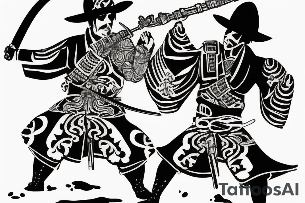 Mariachi samurai with sword in his hand in fighting stance tattoo idea