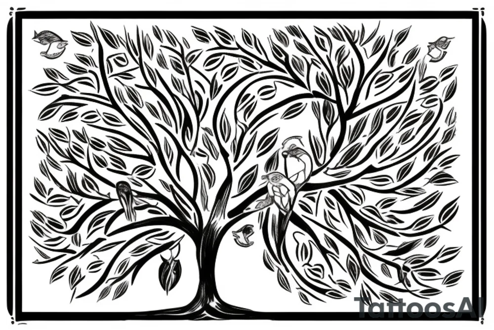 Tree of life with birds and tortoises tattoo idea