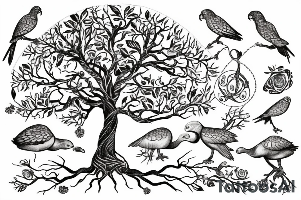 Tree of life with birds and tortoises tattoo idea