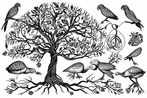 Tree of life with birds and tortoises tattoo idea