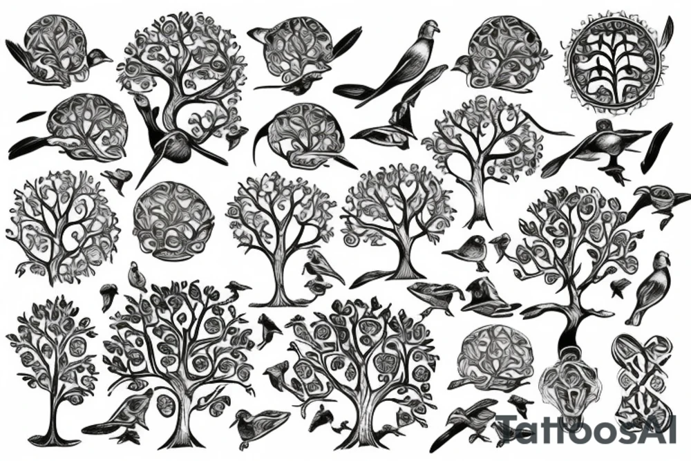 Tree of life with birds and tortoises tattoo idea