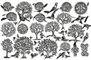 Tree of life with birds and tortoises tattoo idea