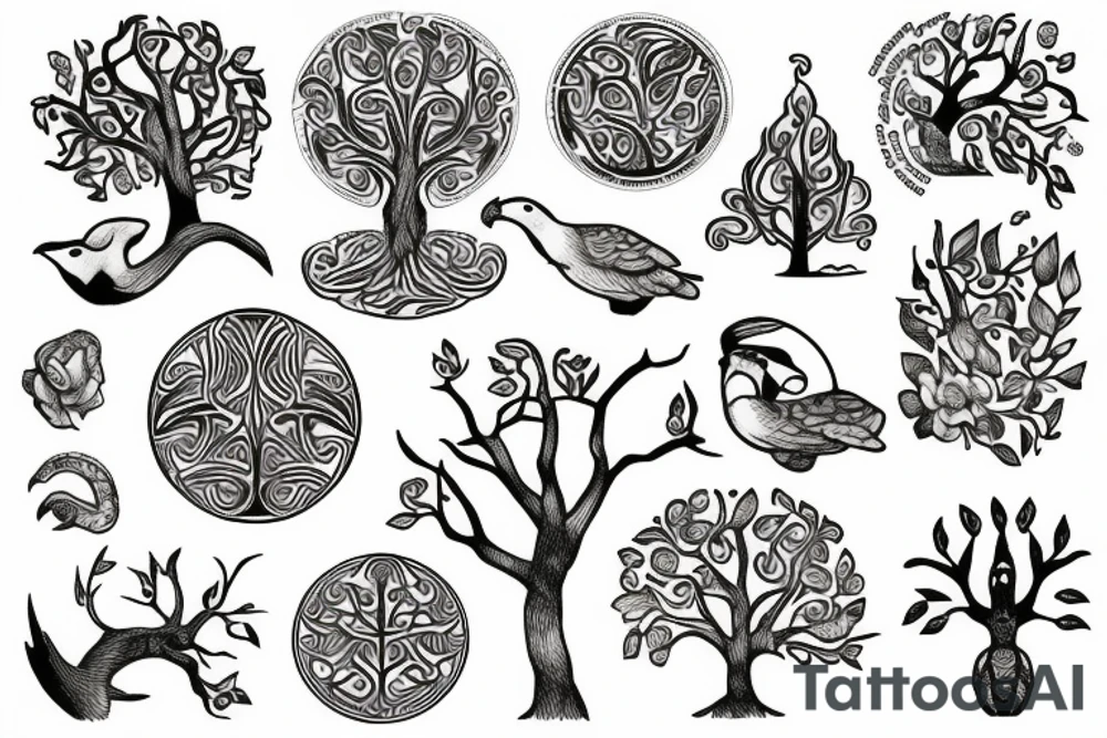 Tree of life with birds and tortoises tattoo idea