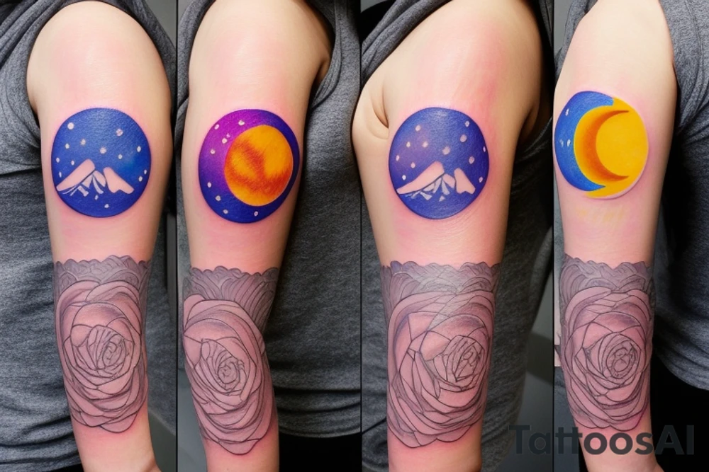 make a flash sheet with a lilac, a sun, a moon, a mountain and the chicago flag tattoo idea