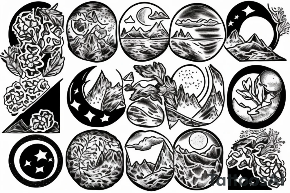 make a flash sheet with a lilac, a sun, a moon, a mountain and the chicago flag tattoo idea