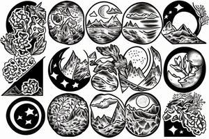 make a flash sheet with a lilac, a sun, a moon, a mountain and the chicago flag tattoo idea