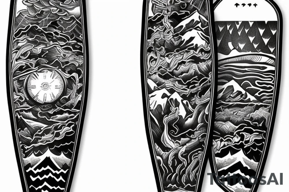 snowboard draw only of the board within powder conditions as a fine line tattoo, draw only the board and minimal surrounding tattoo idea