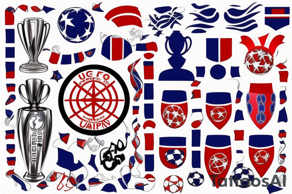 The UEFA Champions League Trophy with red and blue ribbons wrapped around it tattoo idea