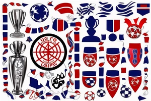 The UEFA Champions League Trophy with red and blue ribbons wrapped around it tattoo idea