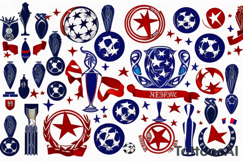 The UEFA Champions League Trophy with red and blue ribbons wrapped around it tattoo idea