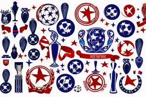 The UEFA Champions League Trophy with red and blue ribbons wrapped around it tattoo idea