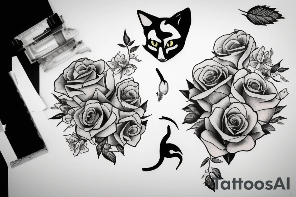 Cat with roses tattoo idea