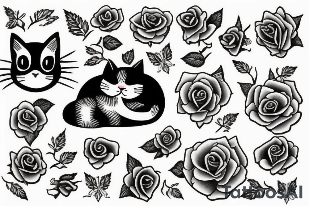 Cat with roses tattoo idea