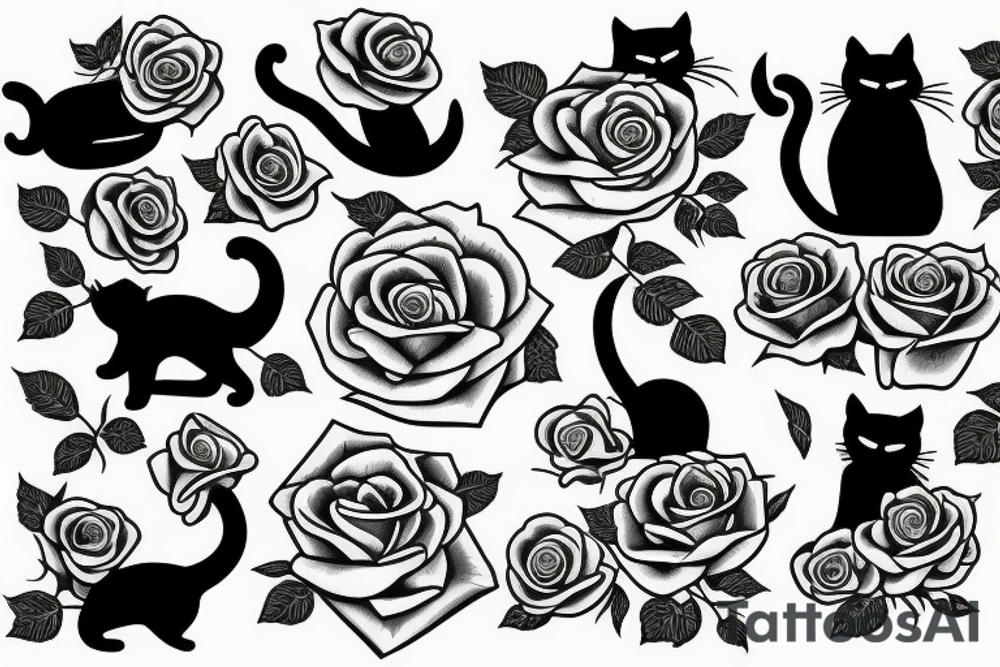 Cat with roses design flat tattoo idea