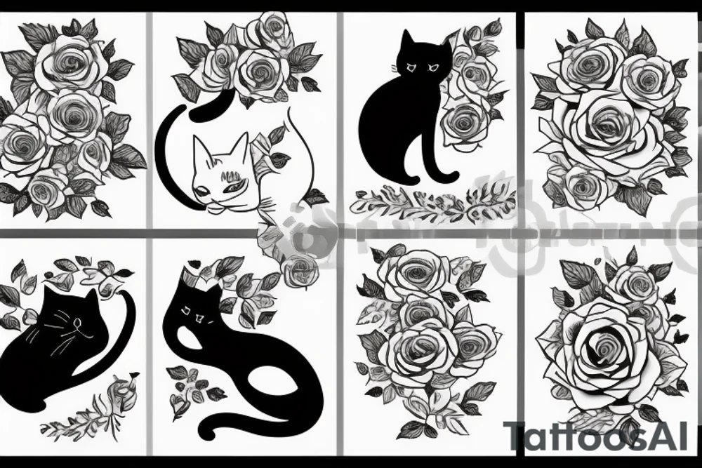 Cat with roses design flat tattoo idea
