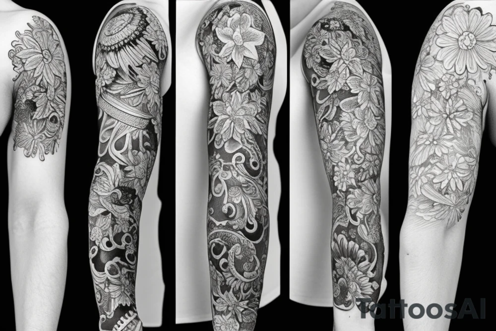 Full sleeve jewelry with florals tattoo idea