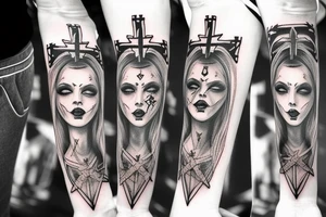 Satanic Demonic women arm sleeve  eerie upside down cross on forehead tattoo idea