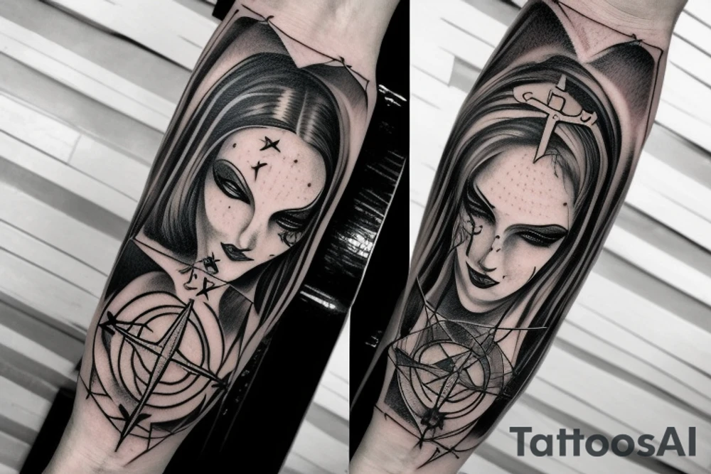 Satanic Demonic women arm sleeve  eerie upside down cross on forehead lanterns tattoo idea