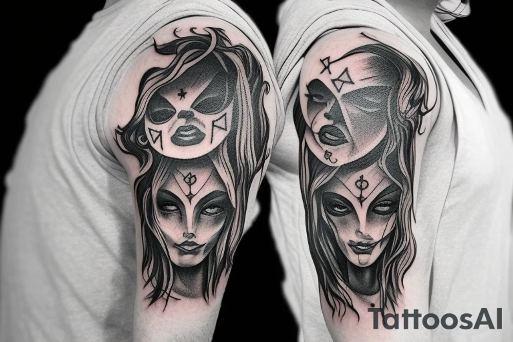 Satanic Demonic women arm sleeve  eerie upside down cross on forehead lanterns tattoo idea