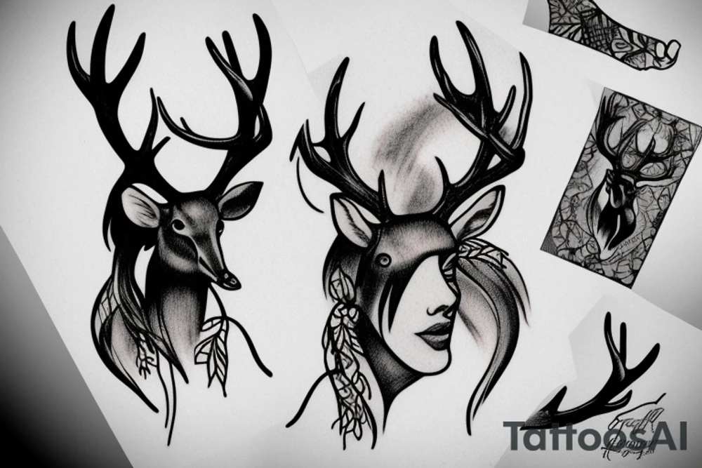 woman with blindfold, deer antlers below tattoo idea