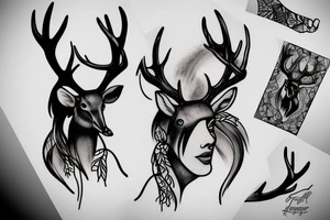 woman with blindfold, deer antlers below tattoo idea