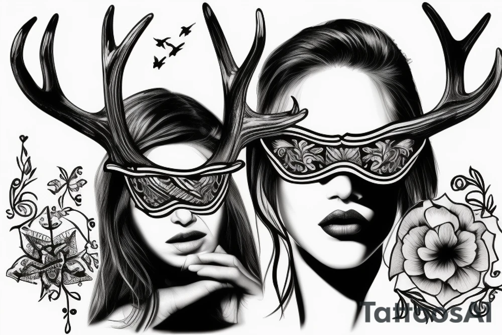 woman with blindfold, deer antlers below tattoo idea