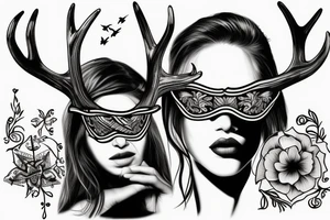 woman with blindfold, deer antlers below tattoo idea