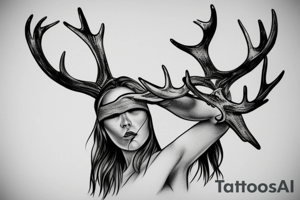 woman with blindfold, deer antlers below tattoo idea