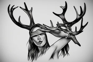 woman with blindfold, deer antlers below tattoo idea