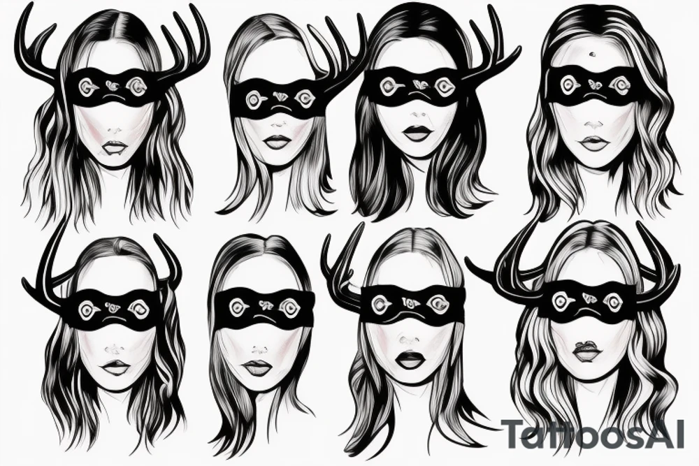 woman with blindfold, deer antlers below her face tattoo idea