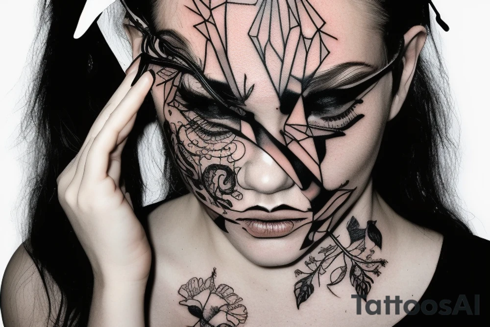 woman with blindfold, deer antlers below her face tattoo idea