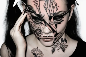 woman with blindfold, deer antlers below her face tattoo idea