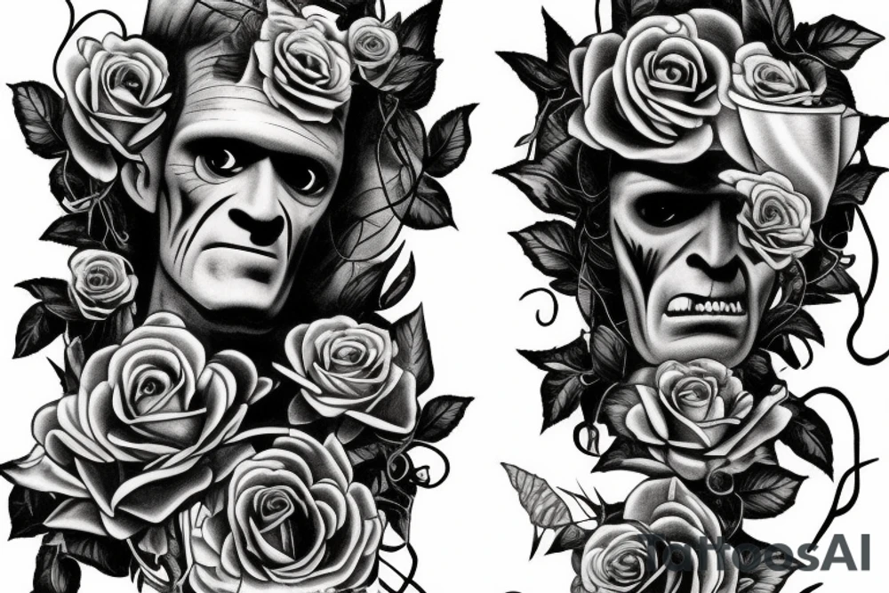 Frankenstein with roses and vines tattoo idea