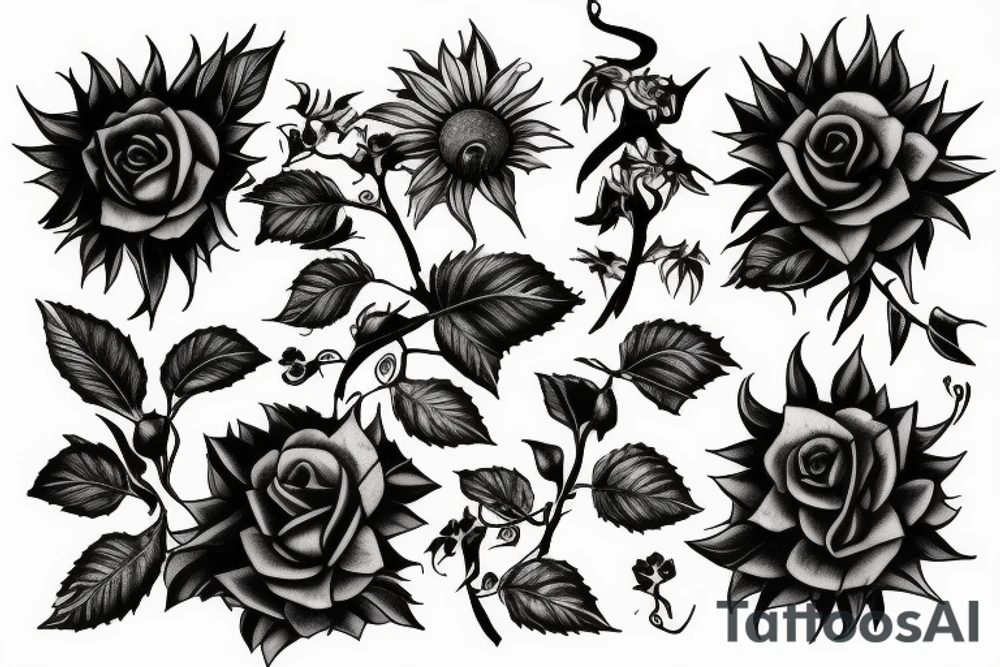 Frankenstein and roses and vines and a sunflower tattoo idea