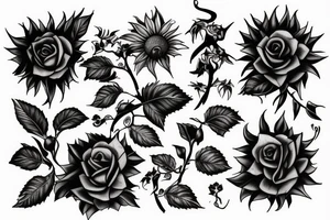 Frankenstein and roses and vines and a sunflower tattoo idea