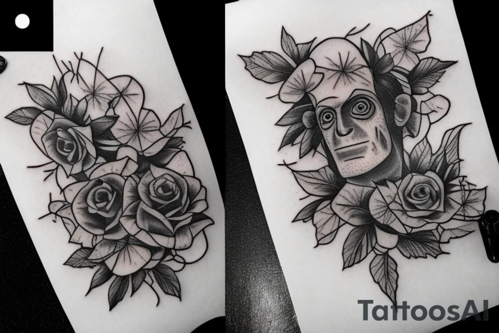 Frankenstein and roses and vines and a sunflower tattoo idea