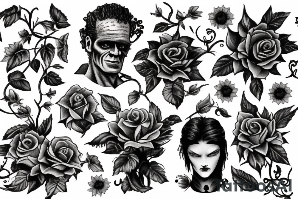 Frankenstein and roses and vines and a sunflower tattoo idea