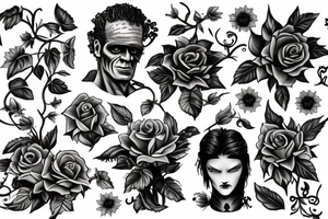 Frankenstein and roses and vines and a sunflower tattoo idea