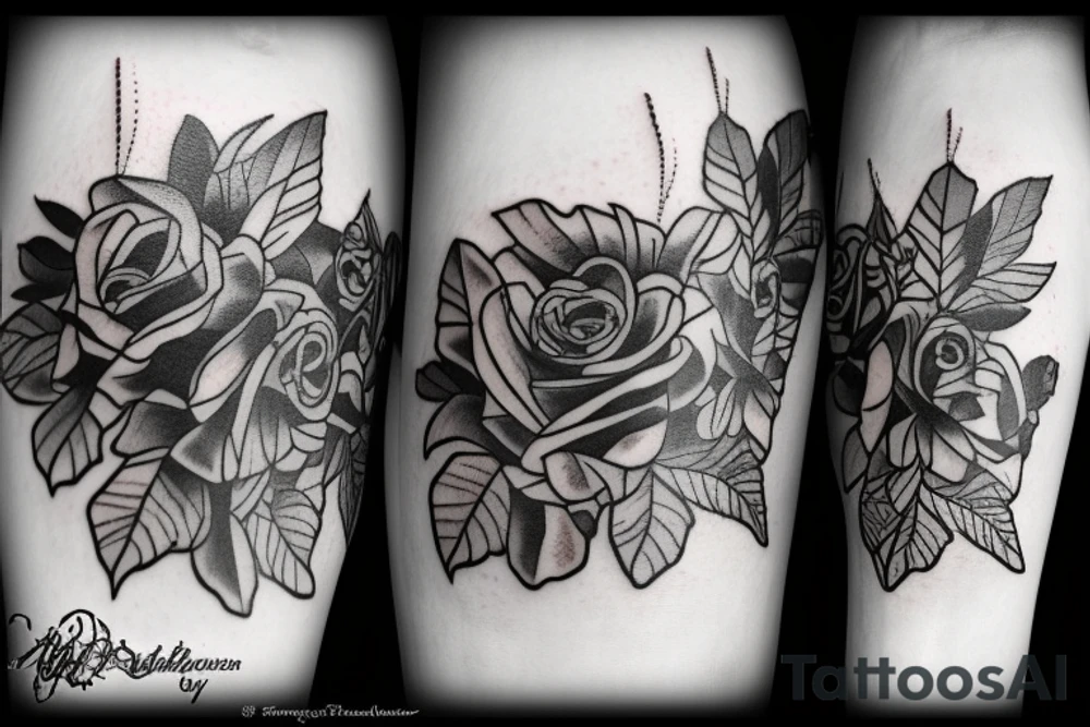 Frankenstein and roses and vines and a sunflower tattoo idea