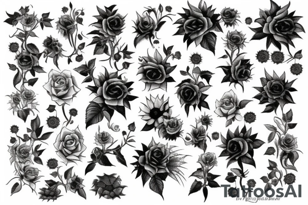 Frankenstein and roses and vines and a sunflower tattoo idea
