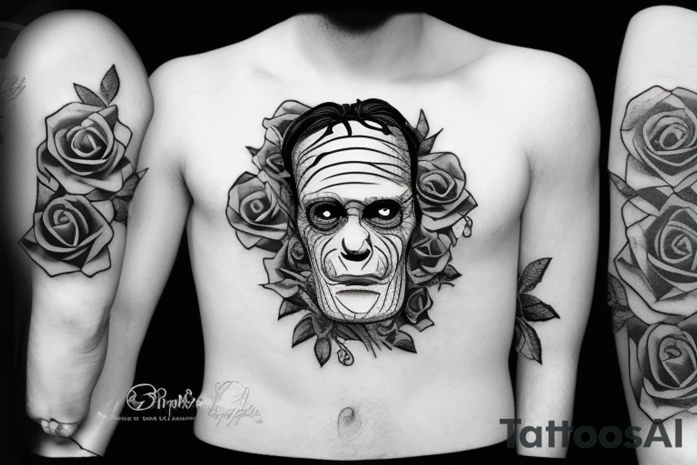 Friendly Frankenstein with roses tattoo idea