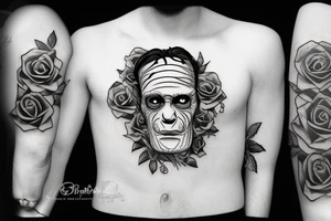 Friendly Frankenstein with roses tattoo idea