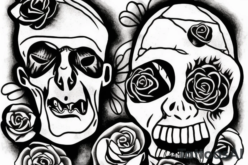 Friendly Frankenstein with roses tattoo idea