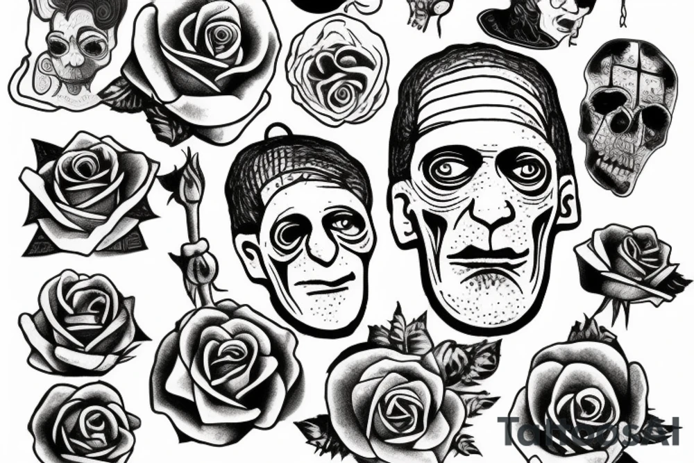 Friendly Frankenstein with roses tattoo idea